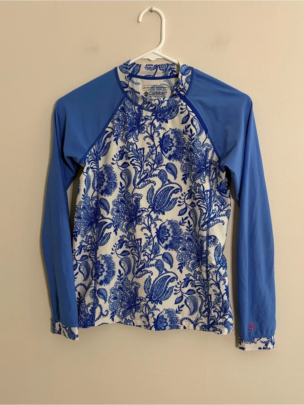 Coolibar Youth Zippy Rash Guard L Blue White Floral Sun Shirt UPF 50+ Fairy